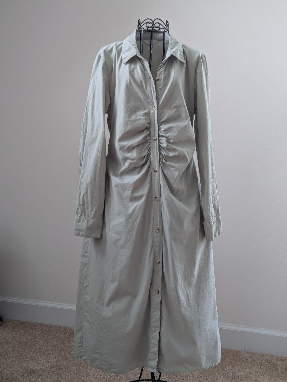 Sim & Sam Sage Green Cotton Shirt Dress XL Smocked Waist Midi